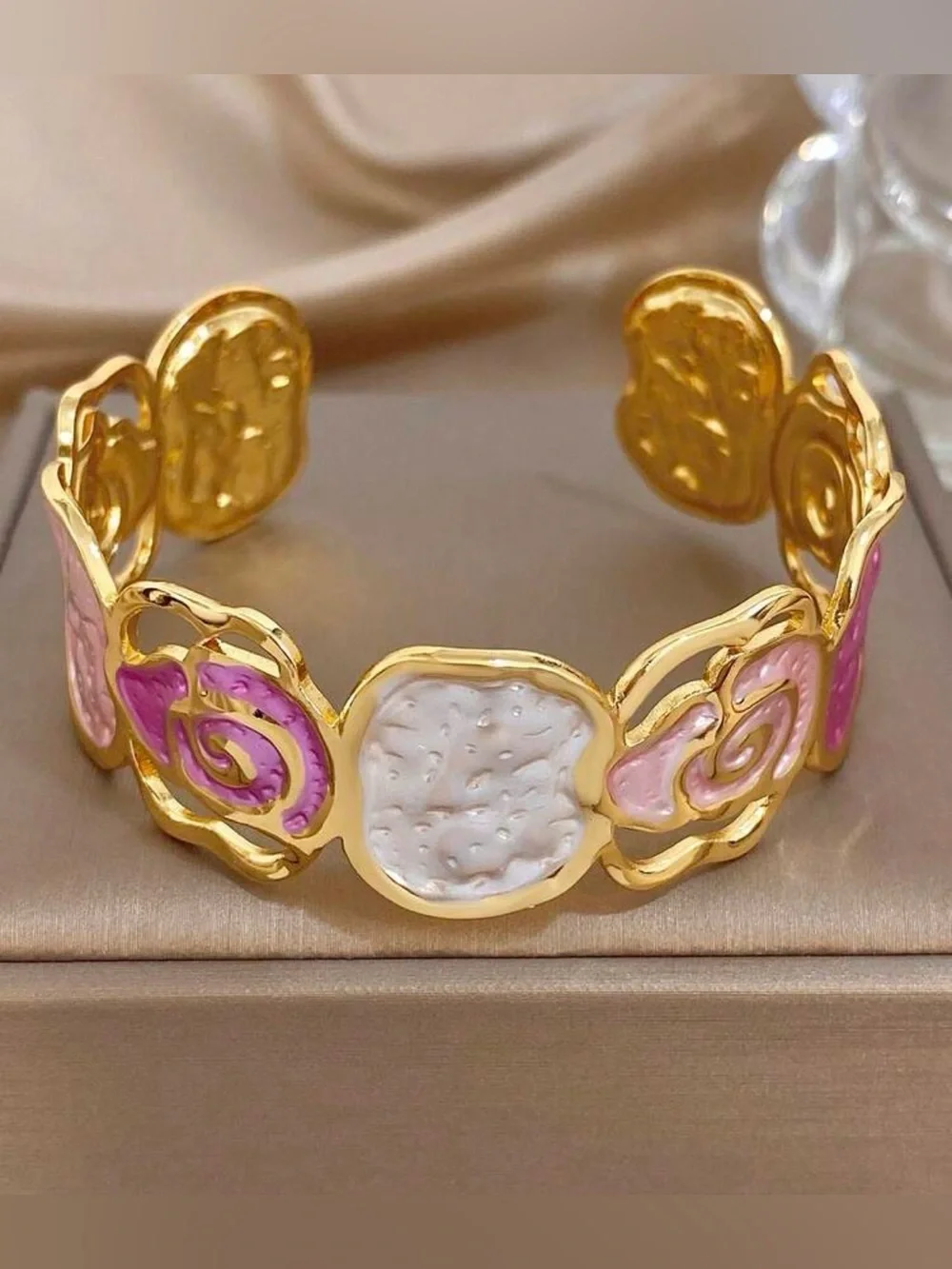 Gold-Tone Pink and White Floral Enamel Cuff Bracelet